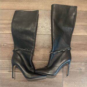 Vince Camuto Black Heeled Boots with Chain Accent